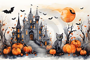 Watercolor castles, bats, cats and pumpkins for cute Halloween day celebration on isolated background, Generative AI