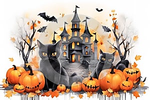 Watercolor castles, bats, cats and pumpkins for cute Halloween day celebration on isolated background, Generative AI