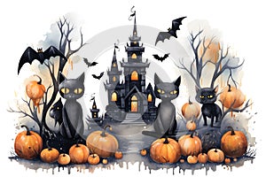 Watercolor castles, bats, cats and pumpkins for cute Halloween day celebration on isolated background, Generative AI