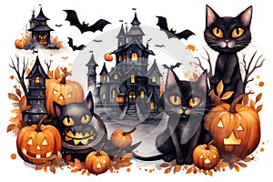 Watercolor castles, bats, cats and pumpkins for cute Halloween day celebration on isolated background, Generative AI