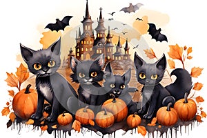 Watercolor castles, bats, cats and pumpkins for cute Halloween day celebration on isolated background, Generative AI