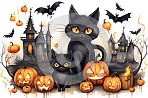 Watercolor castles, bats, cats and pumpkins for cute Halloween day celebration on isolated background, Generative AI