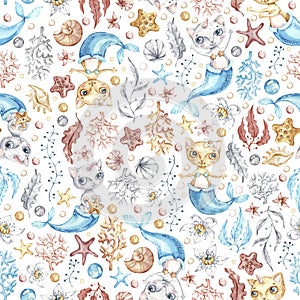 Watercolor Cat mermaid seamless pattern in cartoon style. Creative nursery background print. Cute baby mermaid.