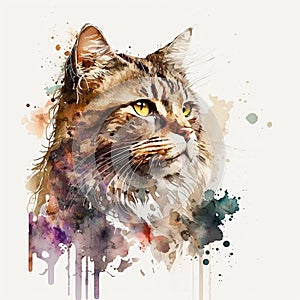 Watercolor Cat portrait, painted illustration of a cute domestic cat on a blank background, Colorful splashes animal