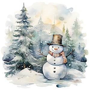 Watercolor charming snowman with top hat and scarf, set in a snowy landscape