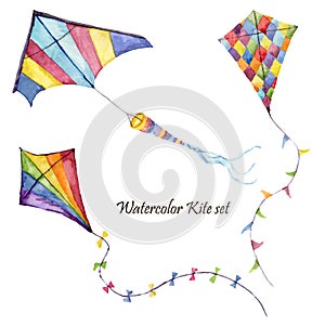 Watercolor checkerboard and striped kites air set. Hand drawn vintage kite with retro design. Illustrations isolated on white back photo