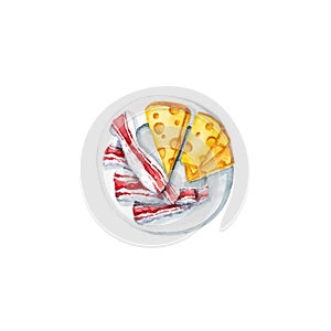 Watercolor cheese and bacon. Illustration isolated on white. Hand drawn plate with sliced ingredients