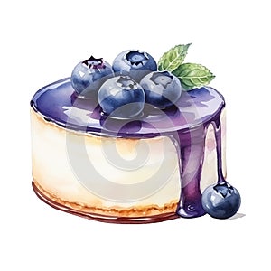 Watercolor cheesecake with blueberry and mint on plate isolated on white background