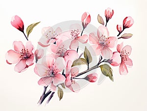Watercolor cherry blossom branch isolated on white background. Hand drawn vector illustration. Generative AI
