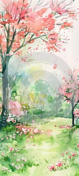 Watercolor Cherry Blossom Tree in Full Bloom Artwork