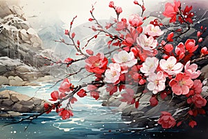 Watercolor Cherry Blossom Tree Painting in Japanese Style