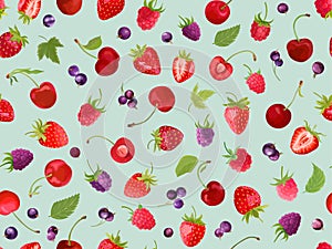 Watercolor cherry, strawberry, raspberry, black currant seamless pattern. Summer berries, fruits, leaves, flowers