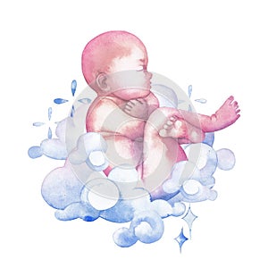 Watercolor child surrounded by clouds and sparkles