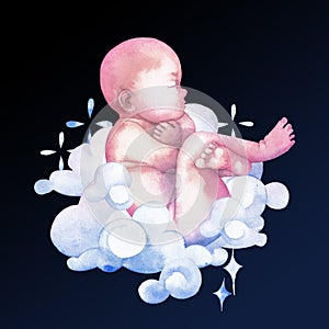 Watercolor child surrounded by clouds and sparkles photo