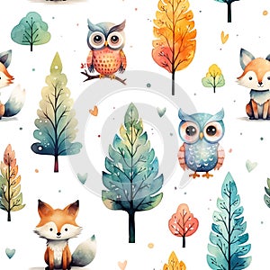 Watercolor childish forest pattern with foxes and owls isolated on white background