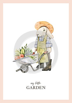 Watercolor childish poster with cute bunny gardener and wheelbarrow and farm vegetables. Baby character. Children room decor.