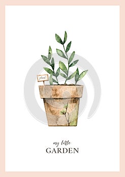 Watercolor childish poster with garden plant in vintage pot. Garden harvest illustration. Greenhouse. Children room decor. Perfect