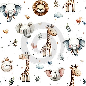 Watercolor childish seamless pattern with cute jungle animals: elephant, lion, giraffe and birds isolated on white background photo