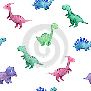 Watercolor childish seamless pattern with dinosaurs.