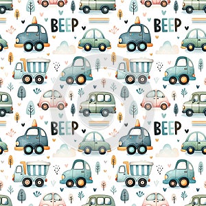 Watercolor childish seamless pattern with various cars and \