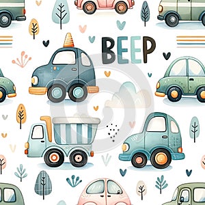 Watercolor childish seamless pattern with various cars and \