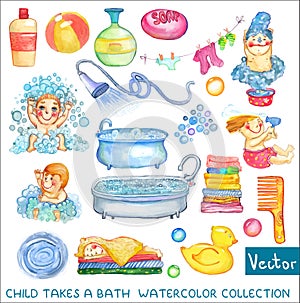 Watercolor children and bath time over white background