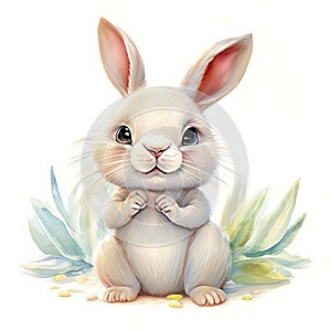 Watercolor Children Book Illustrations, Cute bunny with clinched fists full body sitting against white background photo