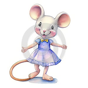 Watercolor Children Book Illustrations, Cute little girl mouse with blue dress mouse with white background