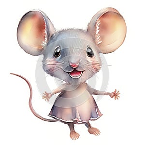 Watercolor Children Book Illustrations, Cute little girl mouse with dress with white background, created with Generative AI