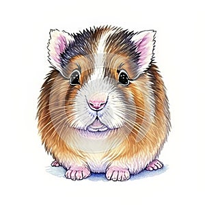 Watercolor Children Book Illustrations, Cute scared guineapig sitting with white background, created with Generative AI