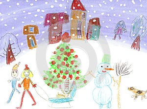 Watercolor children drawing winter sleigh ride