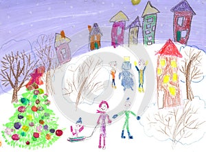 Watercolor children drawing winter sleigh ride