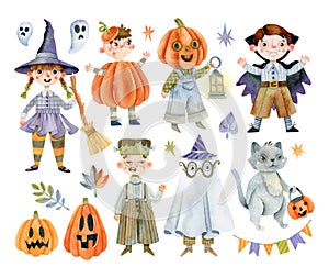 Watercolor children in Halloween costumes, Jack O\'Lantern, trick-or-treating, autumn leaves and stars clipart set