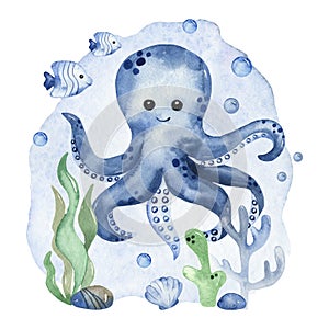 Watercolor children`s composition with octopus, fish, shell, coral, seaweed