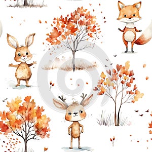 Watercolor children\'s seamless pattern with cute animals and autumn trees