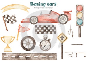 Watercolor children`s set with racing cars, road, flag, trophy, traffic light, start line, timer, finish flag, boy