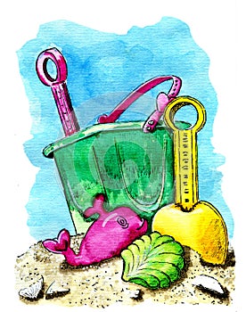 Watercolor children summer beach toys on sand