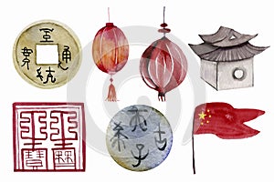 Watercolor Chinese elements on a white background