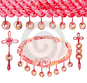 Watercolor chinese new year set. Red knots and coins with a square hole. Lucky symbols, banner or card template