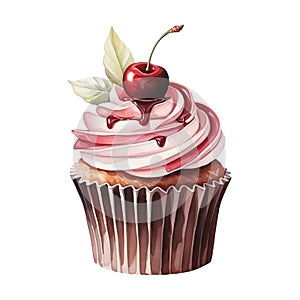 Watercolor chocolate cupcake with cherry isolated on white background