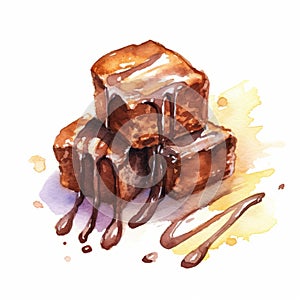 Watercolor Chocolate Desserts: Blocky, Melting Brownies With Chocolate Glaze