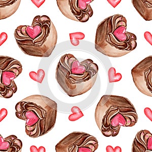 Watercolor chocolate heart cake seamless pattern on white