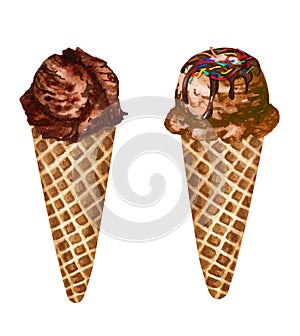 Watercolor chocolate ice cream cones isolated on white background. Hand drawn different ice scoops in a waffle cone.