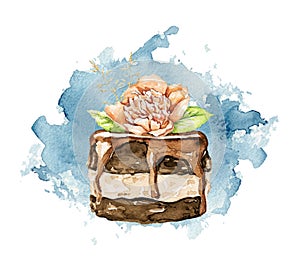 Watercolor chocolate pie with flower on blue stain backdrop