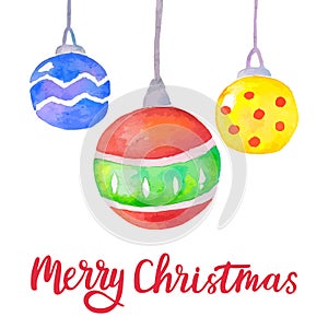 Watercolor Christmas background with Christmas balls. Bright Christmas decoration. Merry Christmas greeting card. Vector