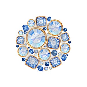 Watercolor Christmas ball from blue crystal with gold element on white background. Beautiful bright jewelry shape