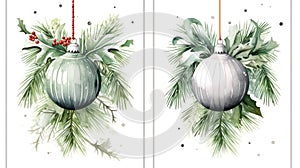 Watercolor Christmas balls with fir branches and holly berries. Hand drawn illustration isolated on white background Generative AI