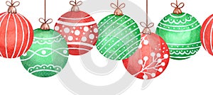 Watercolor Christmas balls seamless border.