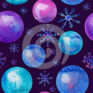 Watercolor Christmas balls seamless pattern. Hand drawn Christmas illustrations with Christmas balls and snowflakes on dark blue