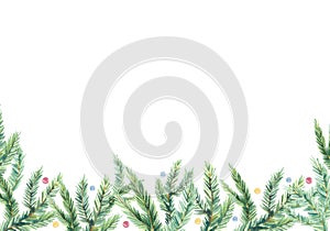 Watercolor Christmas banner with green fir branches composition. Design illustration for greeting cards, frames, invitations templ photo